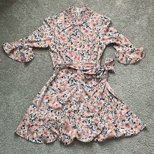 Smocked 3/4 sleeve belted floral dress
